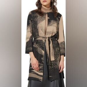 Ming Wang Abstract Jacquard Longline Belted Knit Jacket